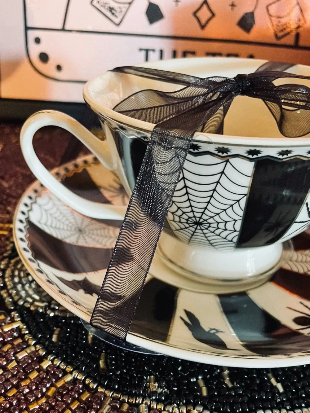 PARK CHATEAU NEW Gothic Spider Bats Halloween Porcelain Teacup and Saucer Set